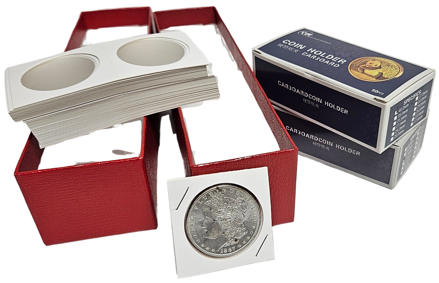 100 Cardboard 2 x 2 Coin Holder Flips for US Silver Dollars 40mm + Storage Box