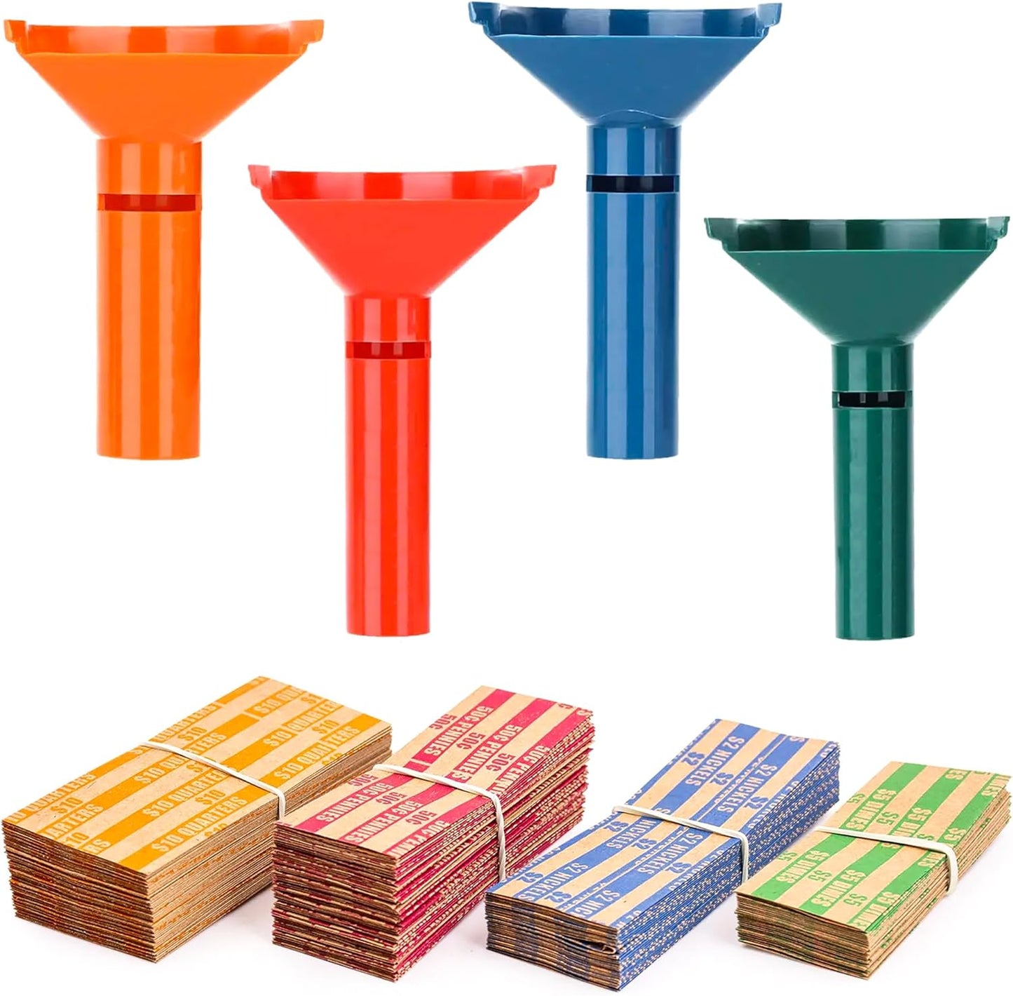 Set of 4 Color Coded Coin Counting Tubes With Assorted Coin Wrappers