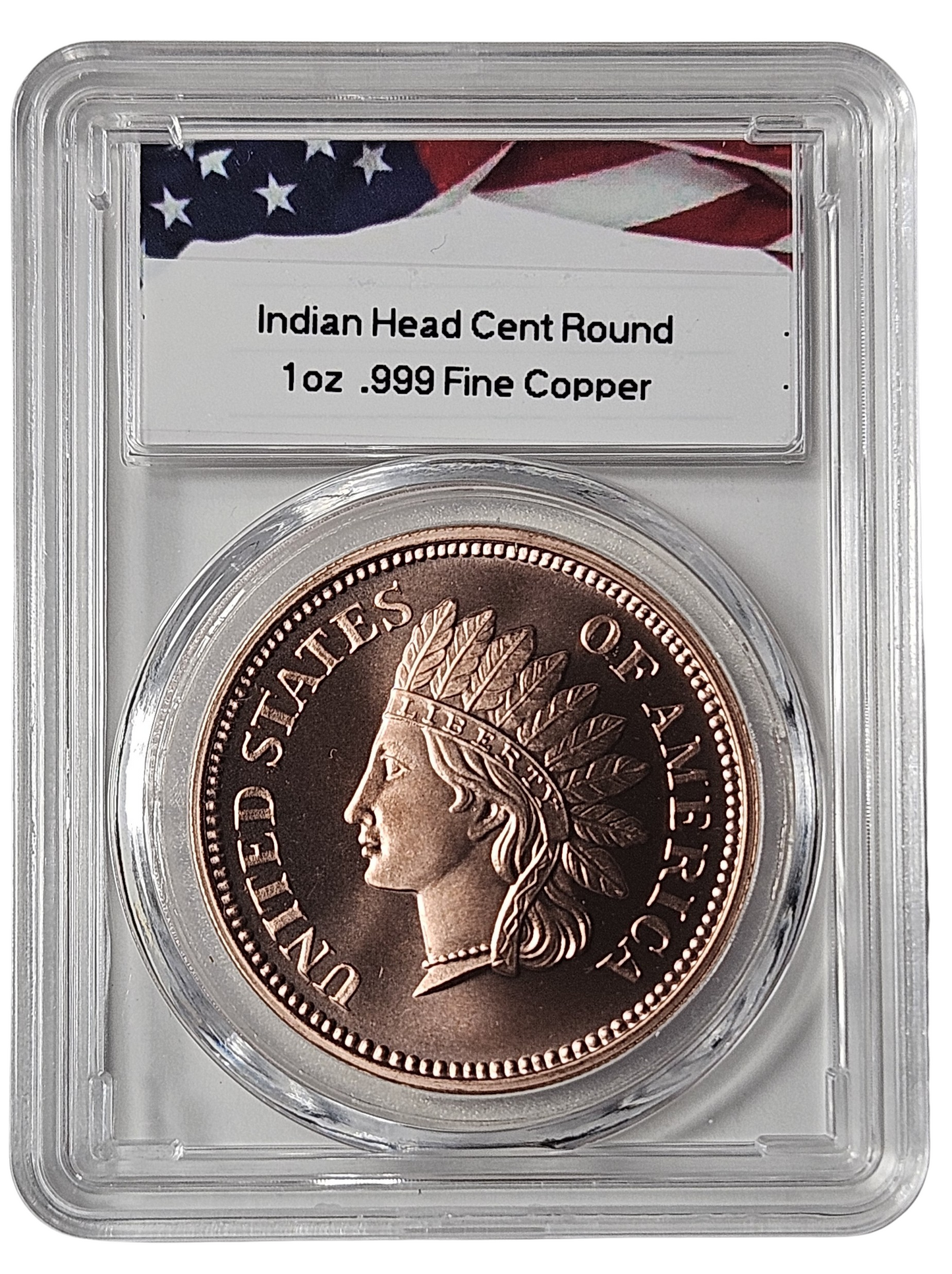 Indian Head Cent 1 oz .999 Fine Copper Round Bullion , Protective Acrylic Slab, 39mm Diameter
