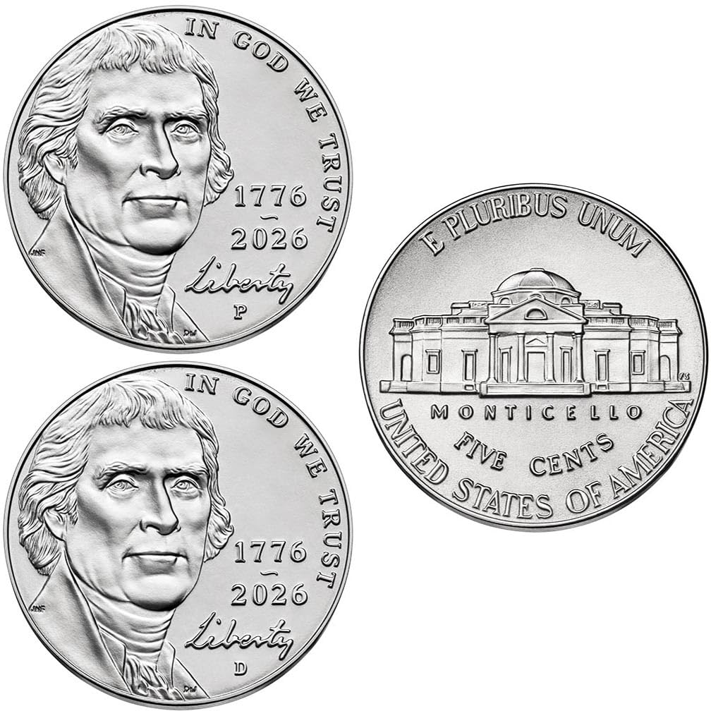 1776-2026 P & D Jefferson Nickel Semiquincentennial 2 Coin Set, Uncirculated in Protective Acrylic Cases