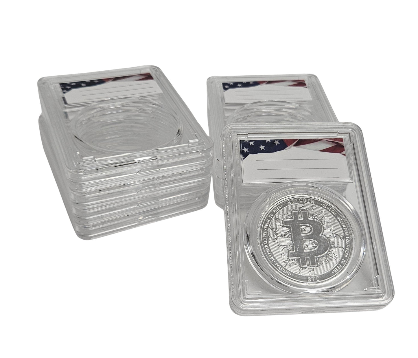 20-Pack Premium Acrylic Coin Slab Holders and Red Plastic Storage Box with 39mm Translucent Sizing Ring for One Ounce Silver Rounds