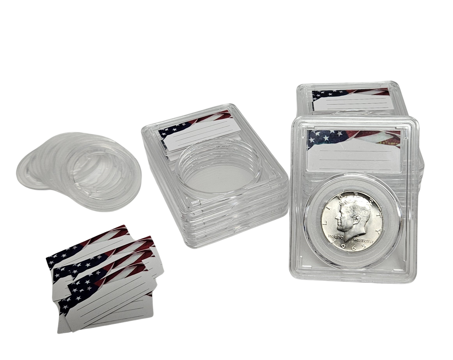 20-Pack Premium Acrylic Coin Slab Holder and Red Plastic Storage Box with 30mm Translucent Sizing Ring for US Half Dollars Franklin Kennedy Walking Liberty Barber