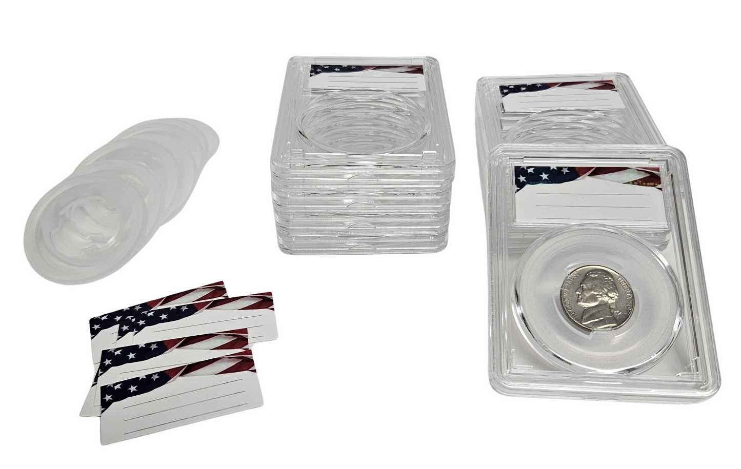 20-Pack Premium Acrylic Coin Slab Holder and Red Plastic Storage Box with 21mm Translucent Sizing Ring for Jefferson, Buffalo and Liberty Nickel Coins