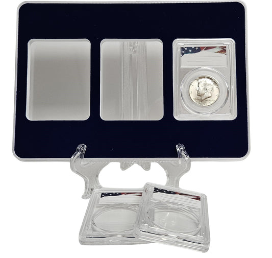 Acrylic Coin Display Storage Case for US Half Dollar or 30mm Coins - 3 Slab Holders w/ 30mm Translucent Inserts