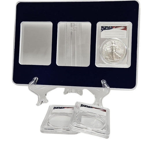 Acrylic Coin Display Storage Case for 3 American Silver Eagles - 3 Slab Holders w/ 40mm Translucent Inserts