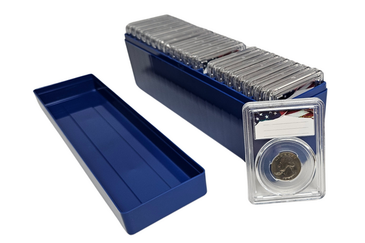 20-Pack Premium Acrylic Coin Slab Holder and Blue Plastic Storage Box with 24mm Translucent Sizing Ring for US Quarters Washington Standing Liberty Barber