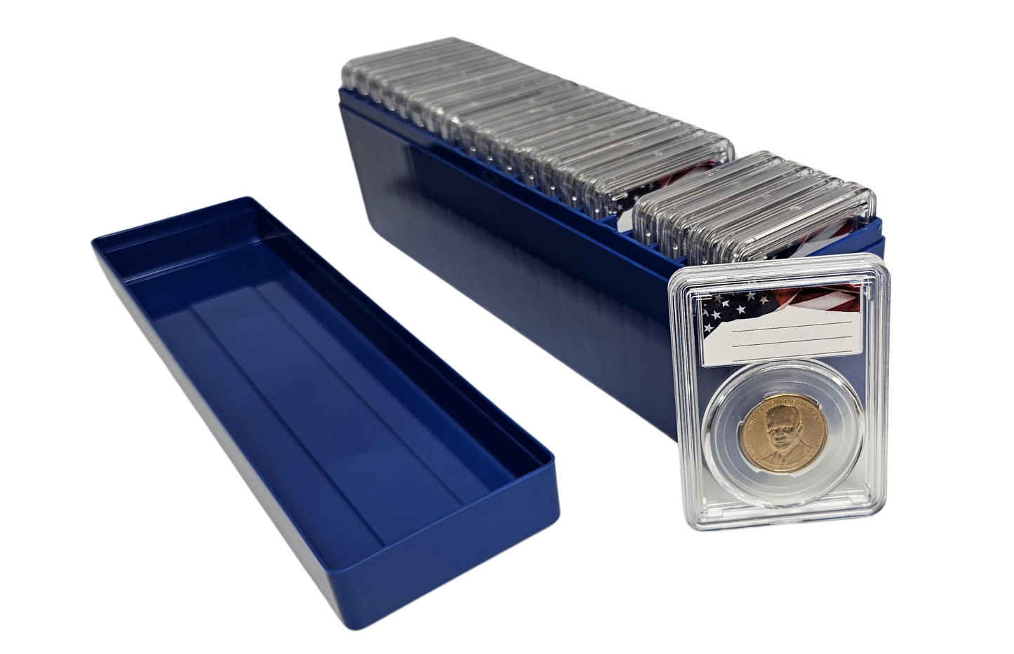 20-Pack Premium Acrylic Coin Slab Holder and Blue Storage Box with 26mm Translucent Sizing Ring for US Small Dollars Sacagawea, Presidential, Susan B Anthony & First Spouse Many Chain & Wreath Cents