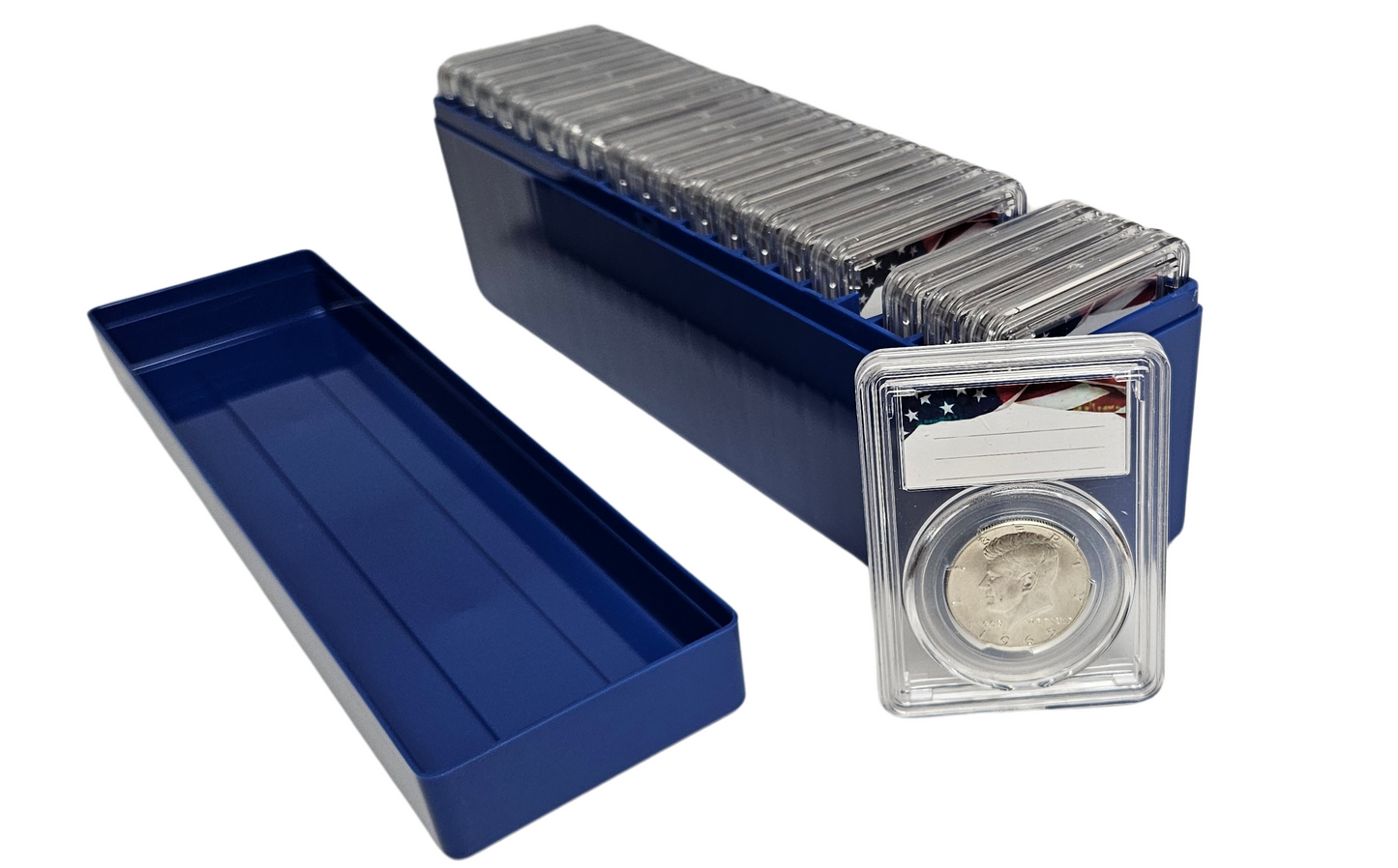 20-Pack Premium Acrylic Coin Slab Holder and Blue Plastic Storage Box with 30mm Translucent Sizing Ring for US Half Dollars Franklin Kennedy Walking Liberty Barber