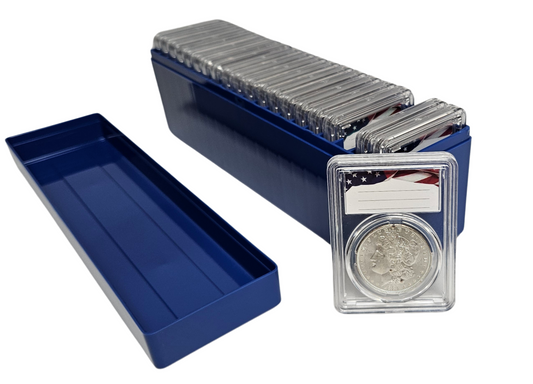 20-Pack Premium Acrylic Coin Slab Holder and Blue Plastic Storage Box with 38mm Translucent Sizing Ring for Morgan, Peace, IKE Silver Dollar Coin