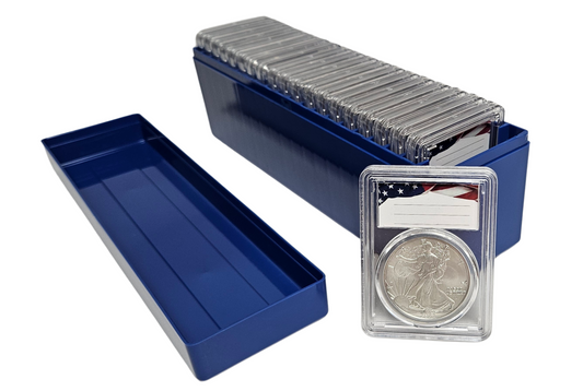 20 Pack Premium Acrylic Coin Slab Holder with 40mm Translucent Sizing Ring and Blue Plastic Storage Case for American Silver Eagles