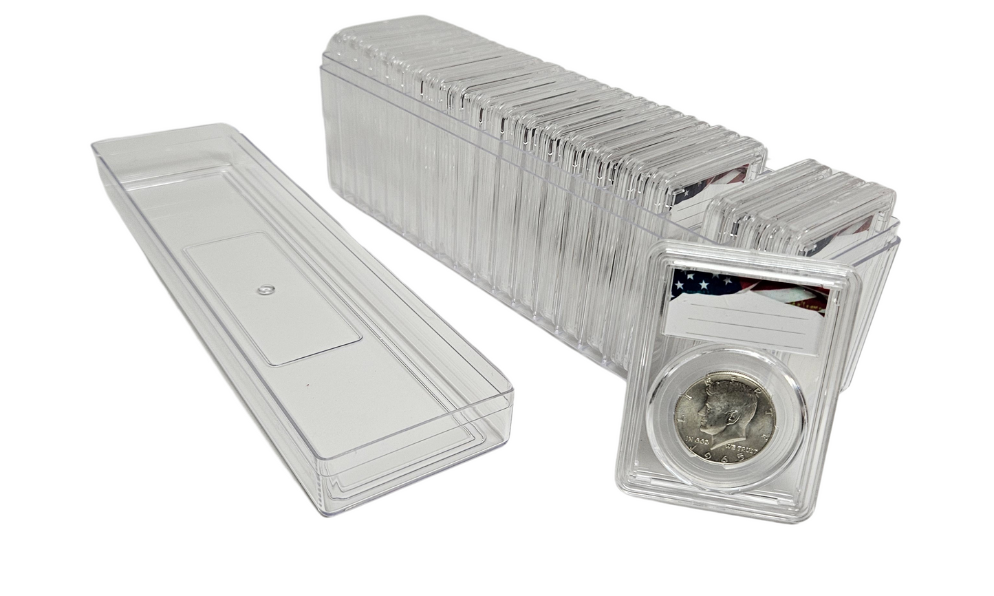 20-Pack Premium Acrylic Coin Slab Holder and Clear Plastic Storage Box with 30mm Translucent Sizing Ring for US Half Dollars Franklin Kennedy Walking Liberty Barber