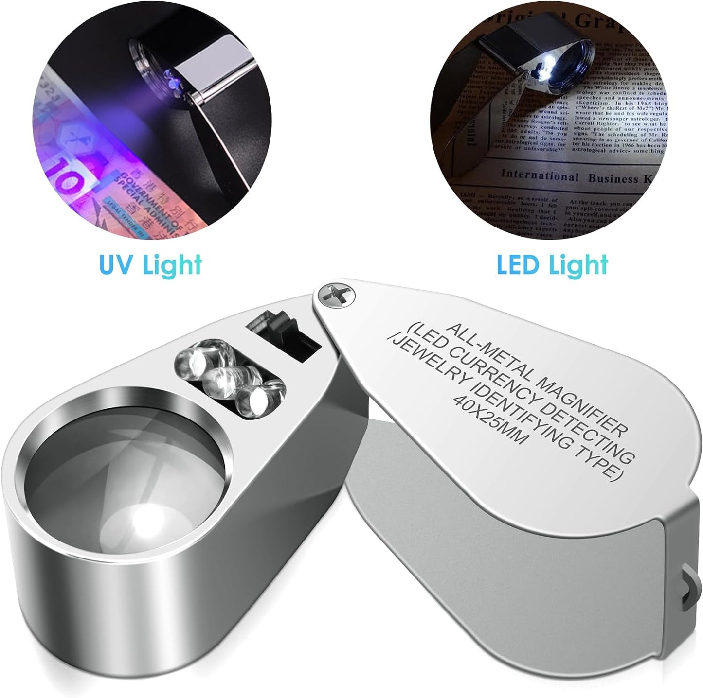 40X Full Metal Jewelry Loop Magnifier,Pocket Folding Magnifying Glass Jewelers Eye Loupe w/ LED and UV Light,F015