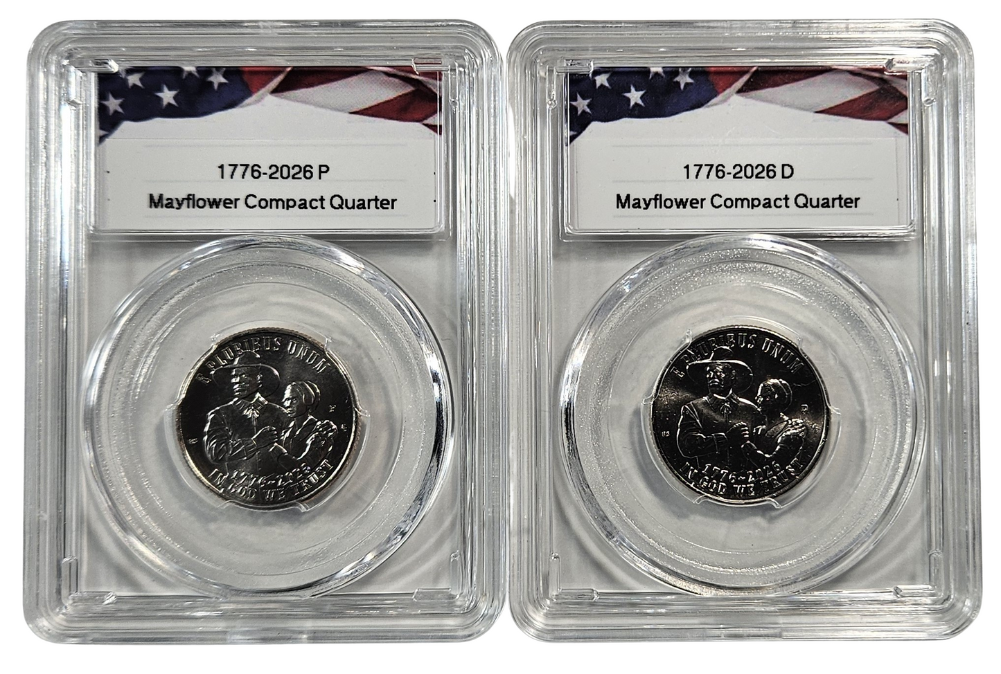 1776-2026 P & D Mayflower Compact Semiquincentennial Quarter Set, Uncirculated, Collectible US Coins in Protective Acrylic Cases
