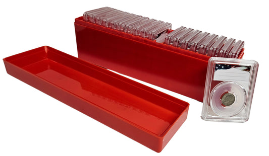 20-Pack Premium Acrylic Coin Slab Holder and Red Plastic Storage Box with 18mm Translucent Sizing Ring for US Dimes Roosevelt Mercury Barber Liberty