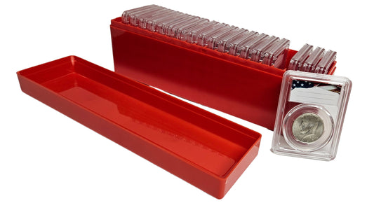 20-Pack Premium Acrylic Coin Slab Holder and Red Plastic Storage Box with 30mm Translucent Sizing Ring for US Half Dollars Franklin Kennedy Walking Liberty Barber