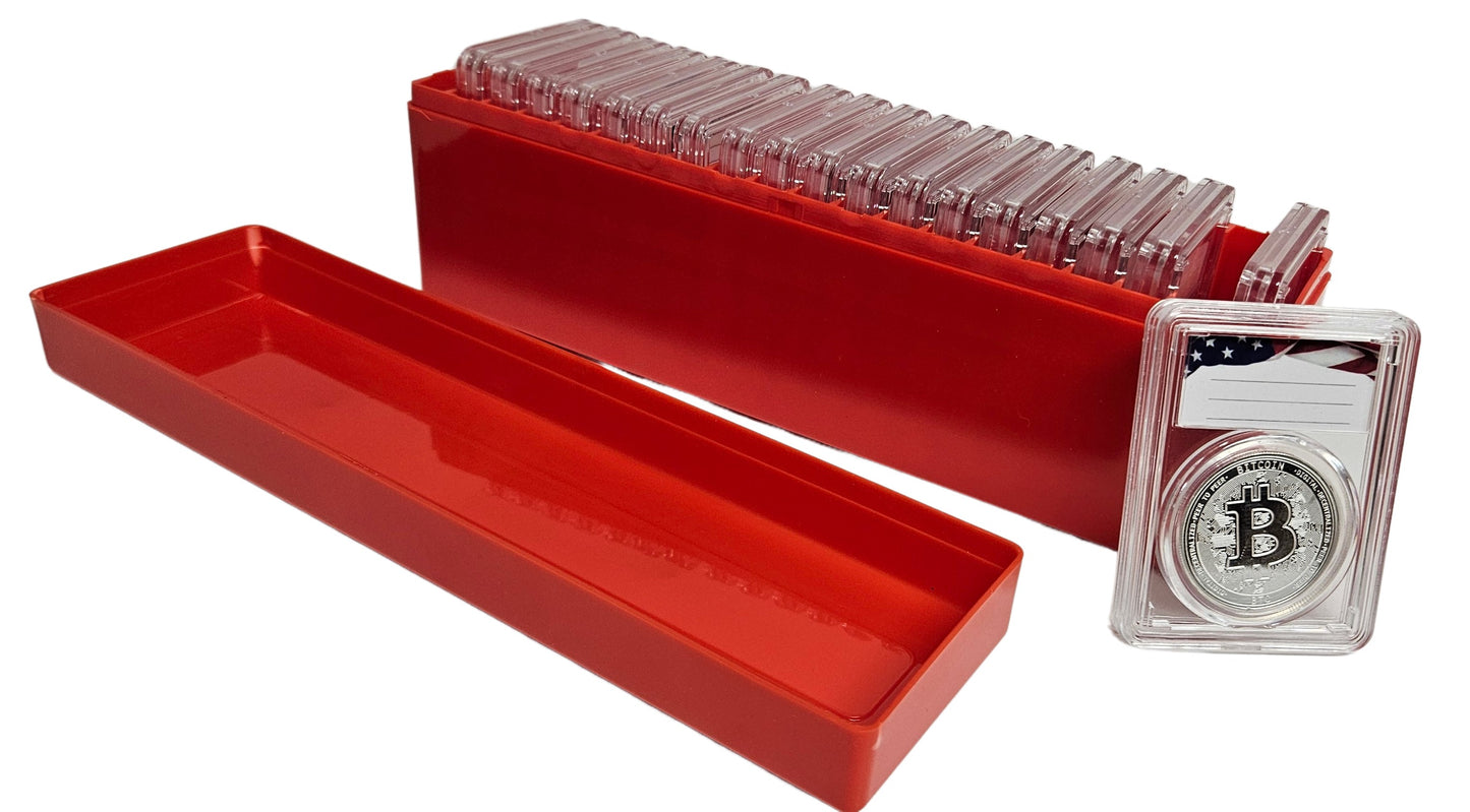 20-Pack Premium Acrylic Coin Slab Holders and Red Plastic Storage Box with 39mm Translucent Sizing Ring for One Ounce Silver Rounds