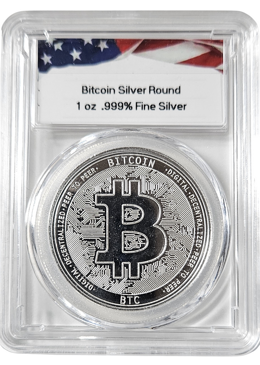 Bitcoin 1 oz .999 Fine Silver Commemorative Round in Slab Case  Cryptocurrency
