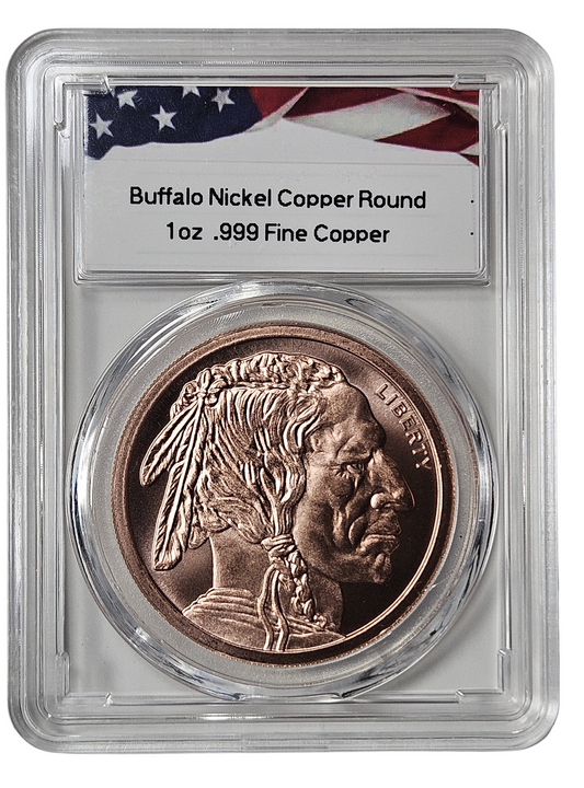 Indian/Buffalo Nickel 1 oz .999 Fine Copper Round, Protective Acrylic Display Case, 39mm Diameter