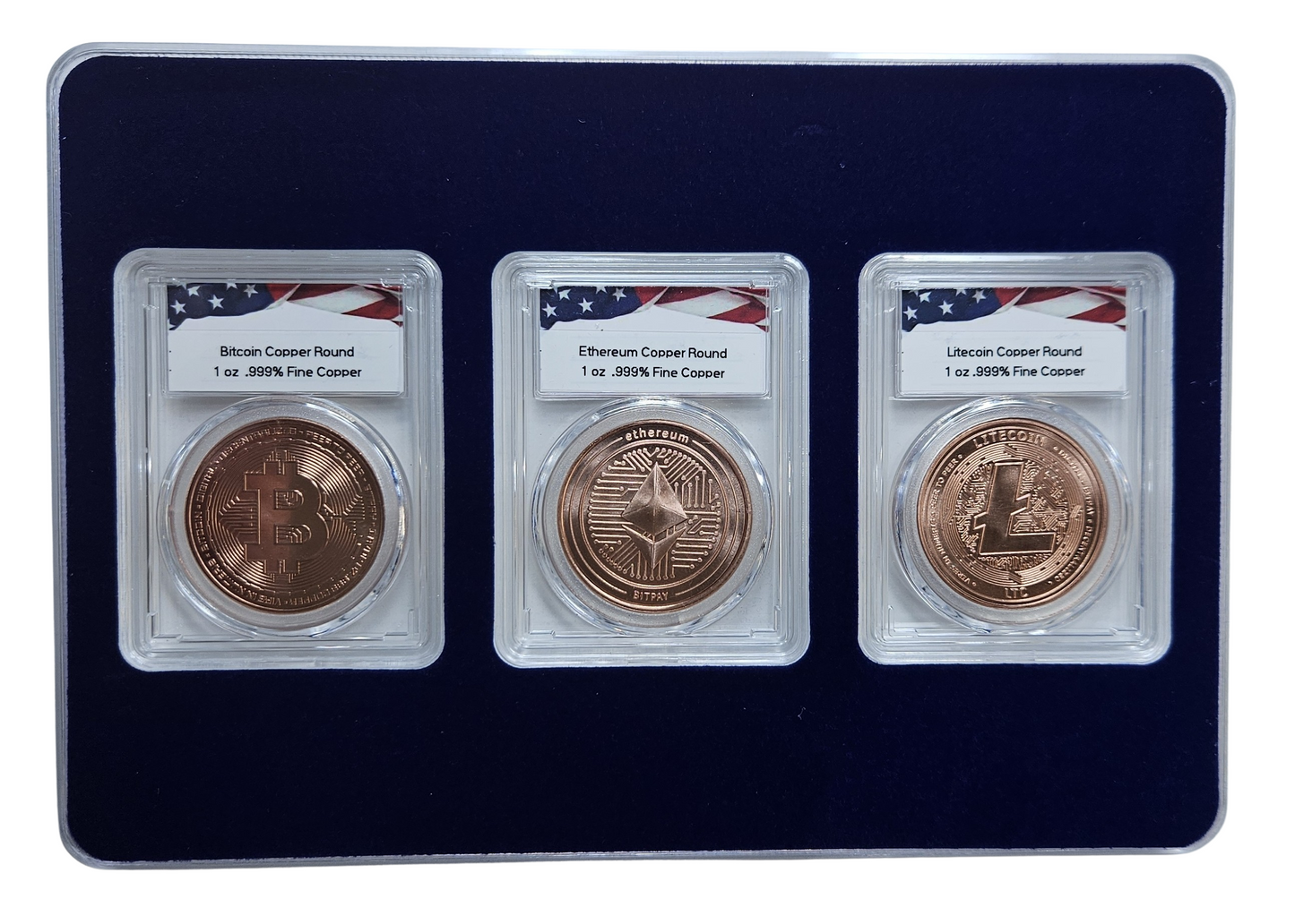 Crypto Commemorative Rounds Set, 1oz Pure Copper Coins Bitcoin Ethereum Litecoin