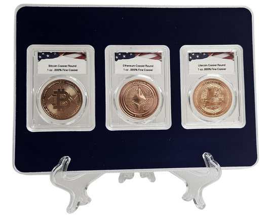 Crypto Commemorative Rounds Set, 1oz Pure Copper Coins Bitcoin Ethereum Litecoin