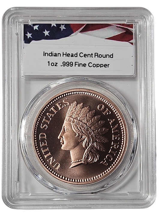 Indian Head Cent 1 oz .999 Fine Copper Round Bullion , Protective Acrylic Slab, 39mm Diameter