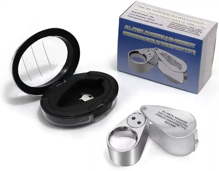 40X Full Metal Jewelry Loop Magnifier,Pocket Folding Magnifying Glass Jewelers Eye Loupe w/ LED and UV Light,F015