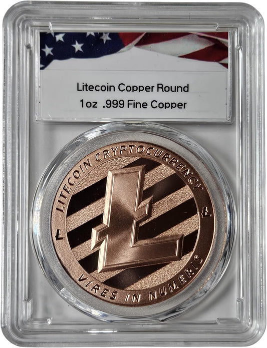 1 oz Pure .999 Copper Litecoin Round Challenge Coin Cryptocurrency in Acrylic Slab