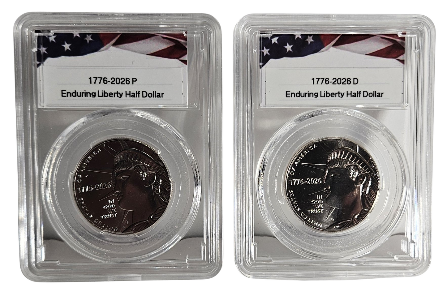 1776-2026 Enduring Liberty Semiquincentennial Half Dollar Set, P & D Mint, Uncirculated, in Protective Acrylic Cases