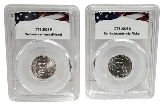 1776-2026 P & D Jefferson Nickel Semiquincentennial 2 Coin Set, Uncirculated in Protective Acrylic Cases
