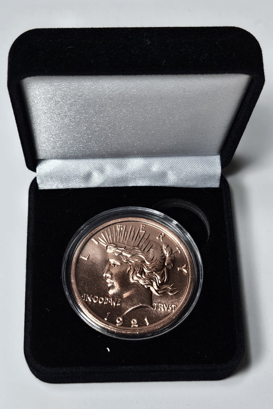 Peace Dollar Design 1 oz Pure .999 Copper Round, 39mm Collectible Art Round with Black Velvet Display Box, Made in USA