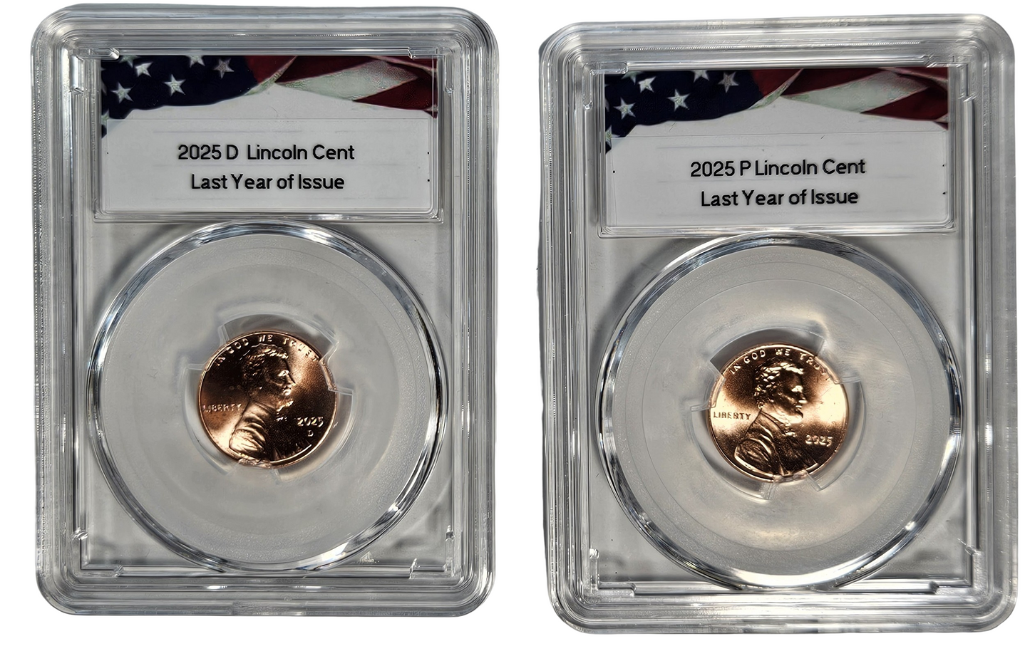 2025 P & D Lincoln Shield Cent, 2 Coin Set, Last Year of Issue, Uncirculated in Acrylic Slab