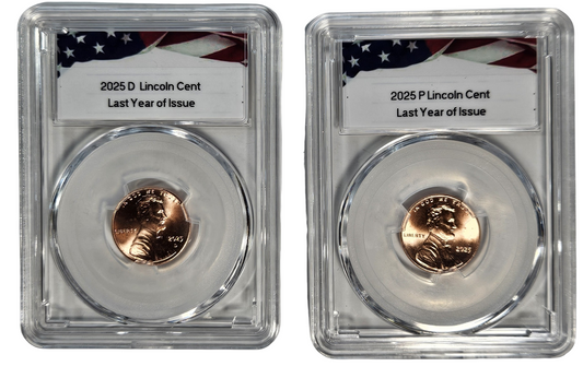 2025 P & D Lincoln Shield Cent, 2 Coin Set, Last Year of Issue, Uncirculated in Acrylic Slab