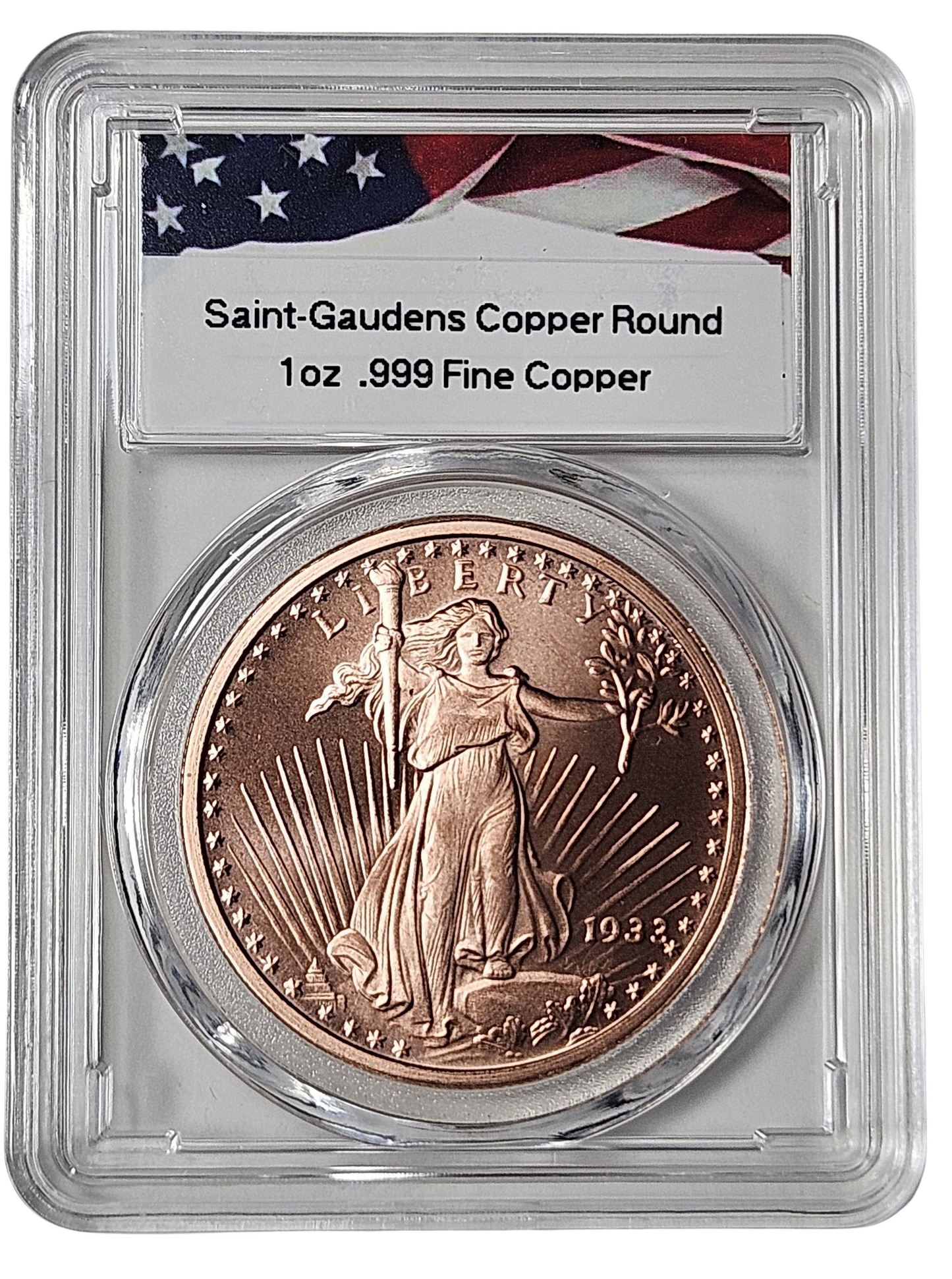 Saint Gaudens 1 oz Pure .999 Copper Round Bullion in Acrylic Slab