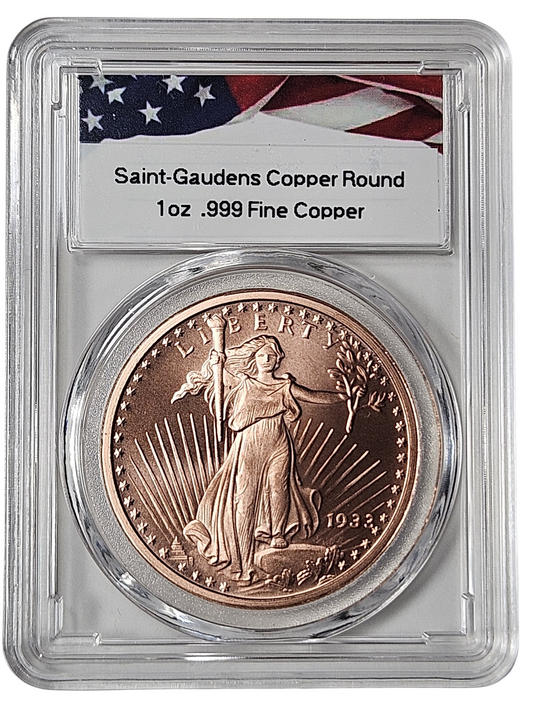 Saint Gaudens 1 oz Pure .999 Copper Round Bullion in Acrylic Slab